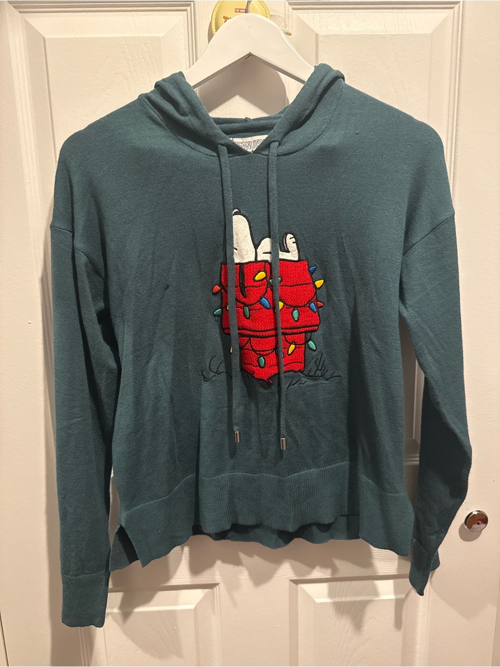 Peanuts Teal Green Christmas Pullover Hoodie with Snoopy Patch
